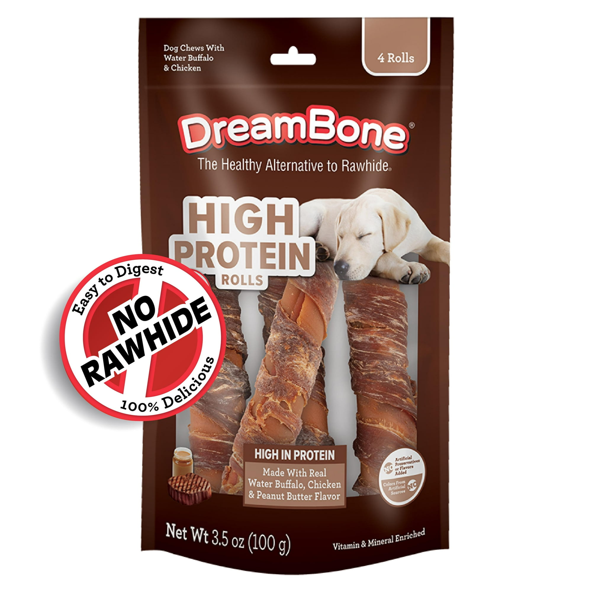 DreamBone High Protein Rolls, Buffalo, Chicken and Peanut Butter Flavor, Rawhide-Free Chews for Dogs, 4 Count