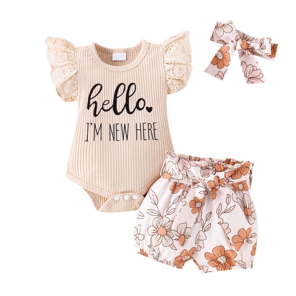 WOYY Girls 3Pcs Outfits Flutter Sleeve Ribbed Romper Shorts Headband Set Fashion Baby Clothes, Sizes 0-3 Months