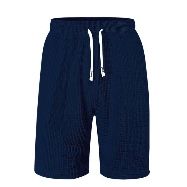 YUGYXL Waffle Shorts for Men Fashion Solid Color Comfy Beach Shorts with Pockets Drawstring Summer Shorts with Pockets Navy L