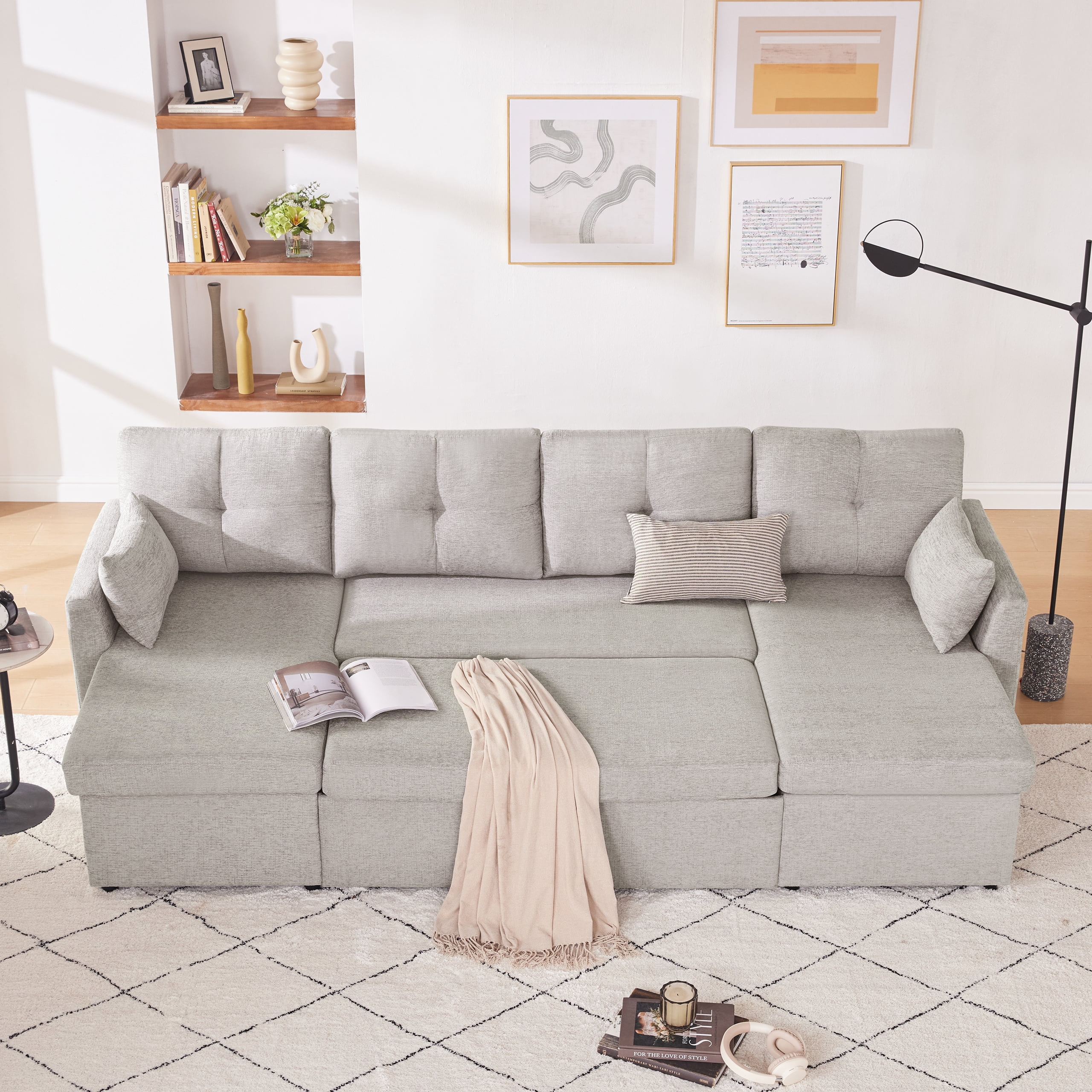 Weture Sectional Sleeper  Sofa, 2 in 1 Pullout Bed with Storage Chaise and Pillows, Side Pocket, LightGray