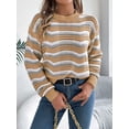 thumbnail image 5 of Women Color Matching Wavy Pattern V-Neck Jumper Classy Long Sleeve Hollow Out Knitted Sweater Khaki L, 5 of 8