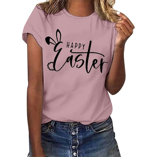 Outfmvch Chemises de Pâques pour Femmes, Chandails en Molleton à Col Rond pour Femmes, Chemises à Manches Courtes pour Femmes, Hauts de Sortie pour Femmes, Haut à Manches Courtes à Col Rond Imprimé de Pâques pour Femmes, T-Shirts Graphiques pour Femmes Rose 3 L
