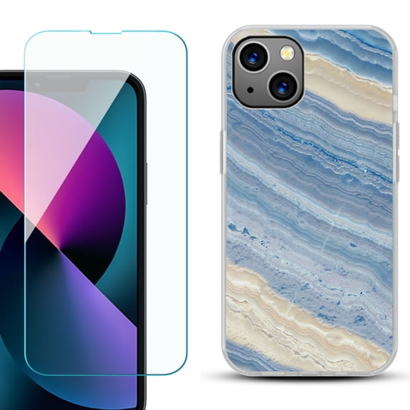 Slim-Fit Gel TPU Phone Case for iPhone 13 Mini, with Tempered Glass Screen Protector, by OneToughShield ® - Marble/ Marina Blue