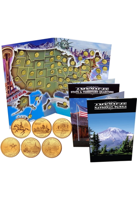 Complete 56 State and Territory Quarter Collection Gold Plated in Folder Map