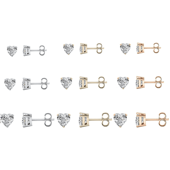 Savlano 9 Pair In White, Yellow & Rose 14K Gold Plated Cubic Zirconia Heart Cut Stud Earrings Comes In 4mm, 6mm & 8mm For Women & Men