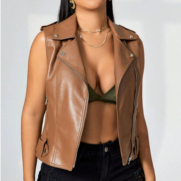 HAPIMO Lightweight Biker Leather Vest Jacket Cropped Coat Motorcycle Suit for Women Outwear Solid Trendy Holiday Sleeveless Turn Down Collar Zipper Up