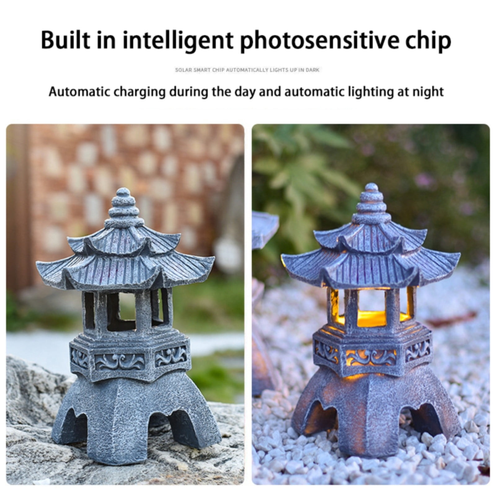 Solar Pagoda Lantern Garden Statue LED Light Outdoor Zen Garden Japanese Lantern for Landscape Balcony Patio Porch Yard Art Decor Gray Stone Finish