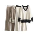 thumbnail image 3 of Bixock Women Fall and Winter Outfit Set,Women Two-piece Set,Women Fall and Winter Outfit Set Color Block V Neck Knit Sweater and Wide Leg Pants Set, 3 of 3