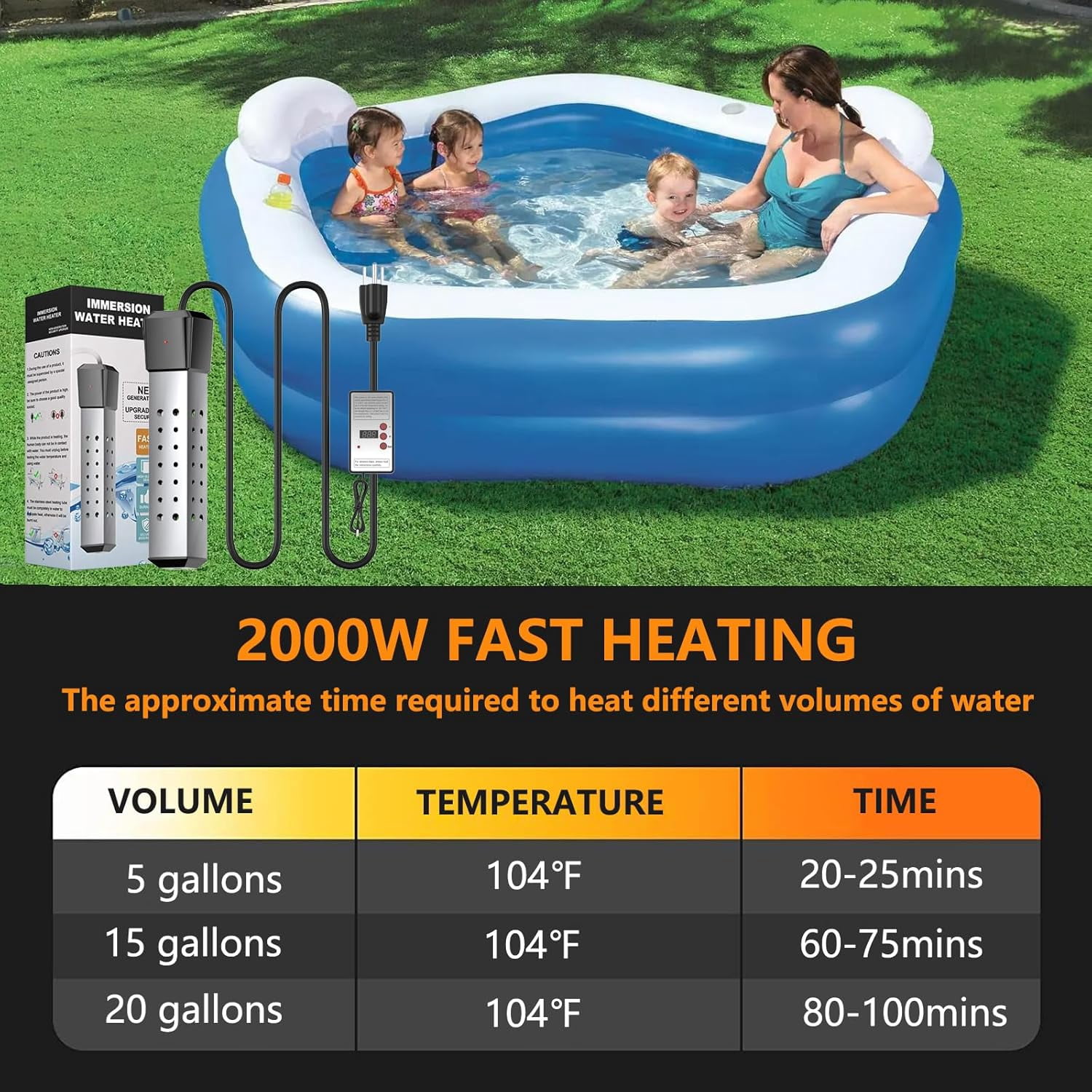 DICEEVIL Immersion Water Heater, 2000W Pool Heater for Inflatable Above Ground Swimming Pool, Submersible Electric Water Heater, Portable Bucket Heater with 304 Stainless Guard and Thermostat