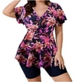 thumbnail image 5 of Enjoytime Swimsuit for Women Printed V-Neck Drawstring Short Sleeve Two Piece Bathing Suits Modest Tank Top Plus Size Swimsuits with Shorts, 5 of 8