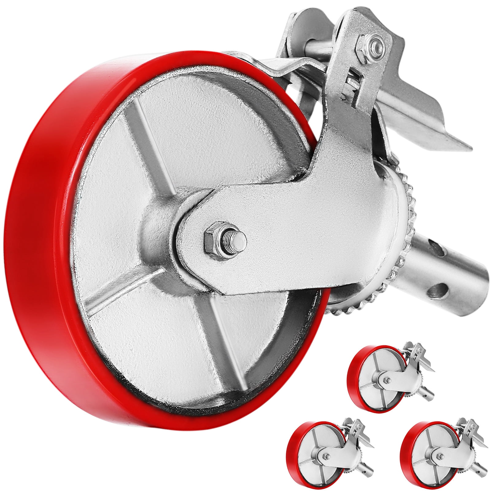 KFFKFF Scaffold Casters, 8" (Set of 4) - Scaffolding Wheels Heavy Duty, 4400 Lbs Per Set - Stem Swivel Casters with Brake, Red Polyurethane - Replacement for Scaffold, Shelves, Workbench