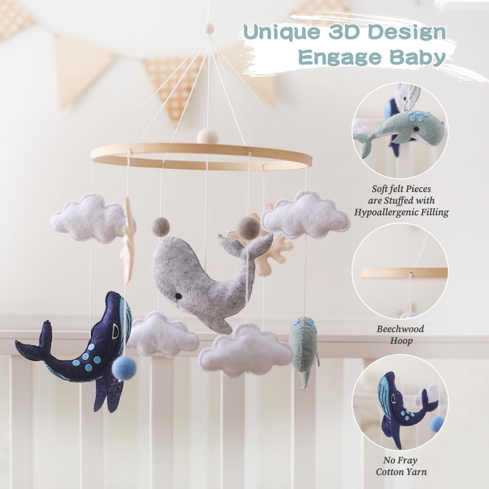 HYPERLIVING Baby Crib Mobile Ocean Nursery Mobile for Boys Girls Handmade Felt Mobile for Crib Nursery Decor for Infant Bedroom Hanging Baby Mobile for Bassinet Newborn Baby Gift（Whales）