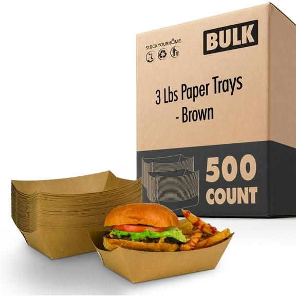 500 Pack 3 lb Brown Kraft Paper Food Trays Extra Large Disposable Serving Boats for Snacks Tacos Nachos Seafood BBQ Parties and Events