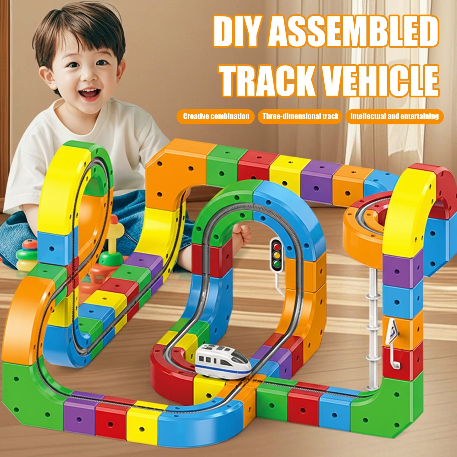 Electric Train Toys Set with 3D Magic Flexible Race Tracks, Snap-On Blocks Building Tracks Set for Boost Creativity and Skills (123 Pcs Random Color)