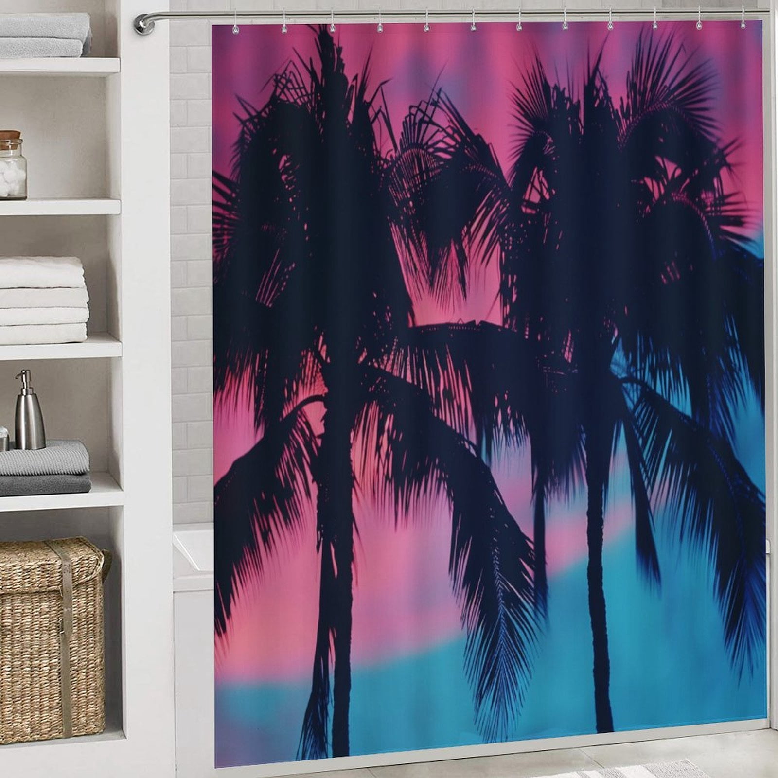 4 Piece Bathroom Rug Set with Shower Curtain Bathroom Sets with Curtain,Rug,Toilet Cover and U Shaped Mat Palm Trees in Pink Sky Bathroom Decor Shower Summer Tropical Palm Trees