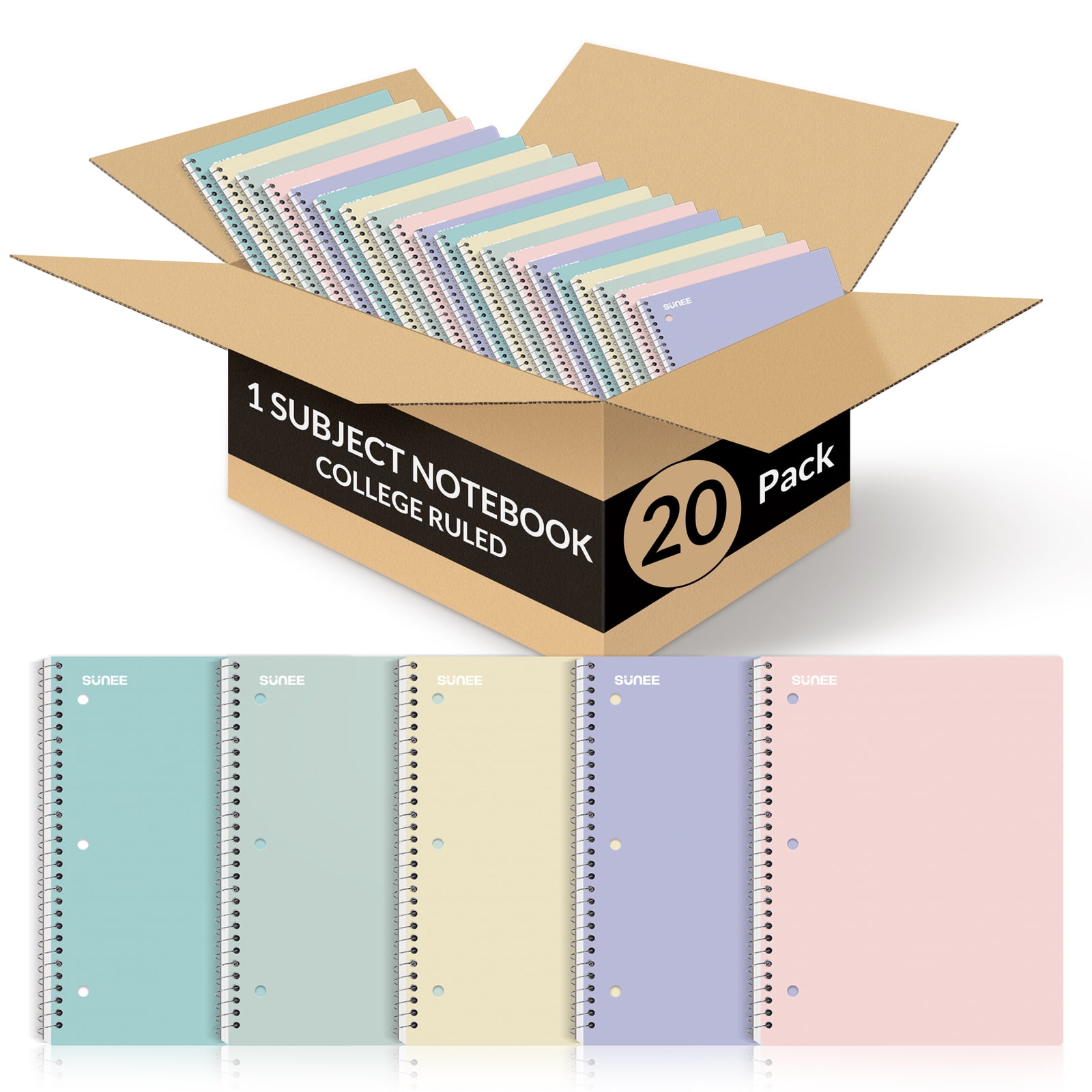 SUNEE College Rule Spiral Notebooks, 8 x 10.5 Inches, 140 Pages, 20 Count, 20 Pack