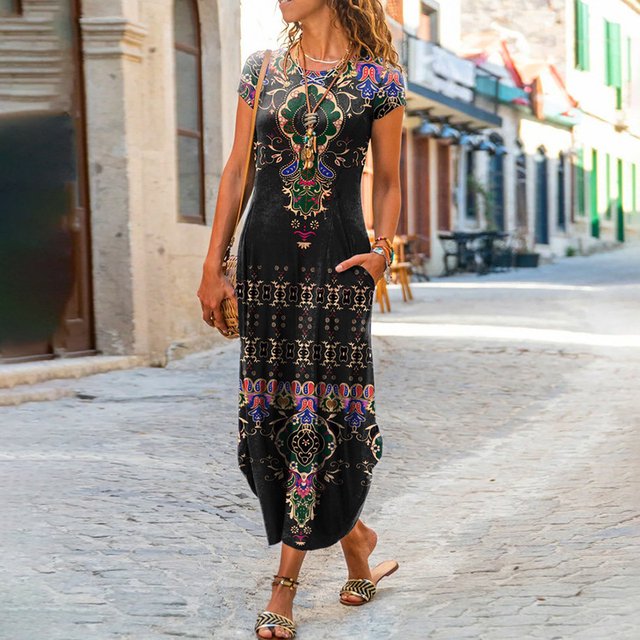 Robes Longues Bohèmes à Imprimé Floral pour Femmes Été Col Rond Manches Courtes Poches Robe Femme Vintage Décontractée Maxi Robes de Soirée