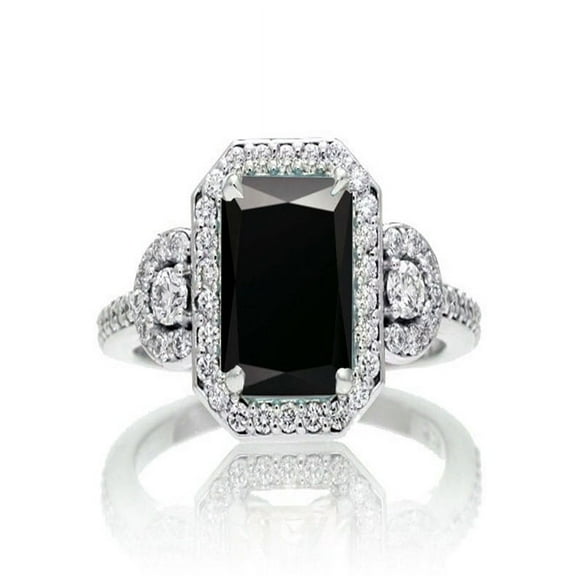 1.5 Carat Emerald Cut Three Stone Black Diamond Halo Diamond Ring on 10k White Gold