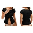 thumbnail image 3 of Women'S Short Sleeve Summer Tops Ribbed Knit Button Down Tight Tees Shirts Going Out Y2K Clothes Black M, 3 of 8