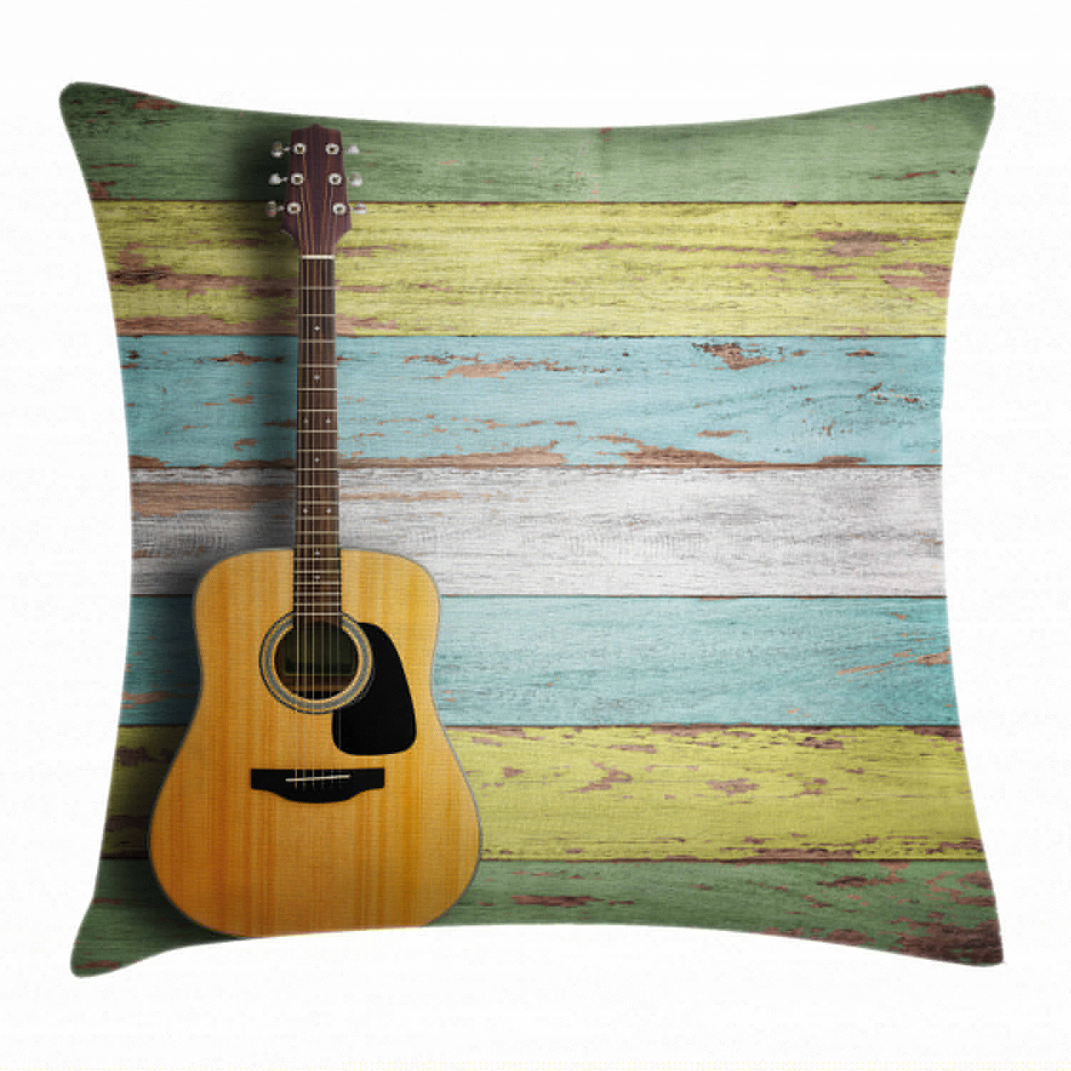 thumbnail image 1 of Music Decor Throw Pillow Cushion Cover, Acoustic Guitar on Colorful Painted Aged Wooden Planks Rustic Country Decor, Decorative Square Accent Pillow Case, 18 X 18 Inches, Multicolor, by Ambesonne, 1 of 2