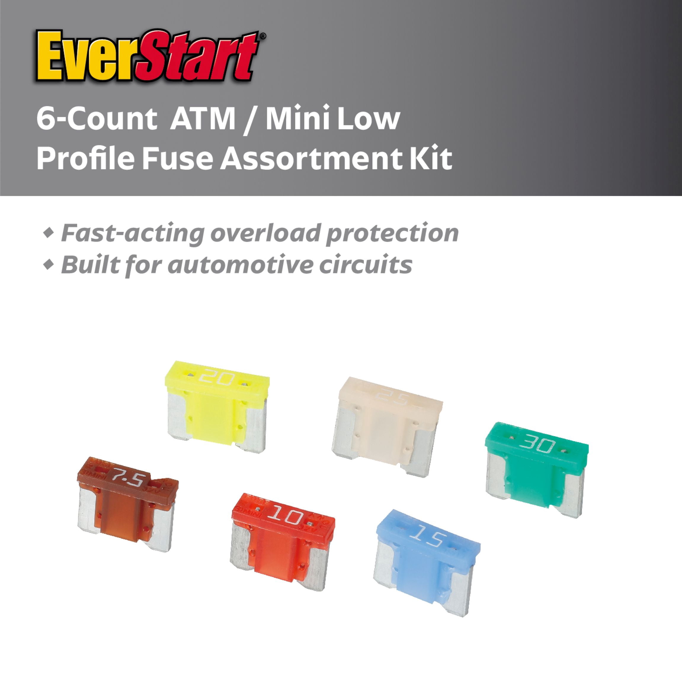 EverStart Low Profile Mini Blade Fuse Assortment Kit 6-Pack for Auto, Marine, and Electronics