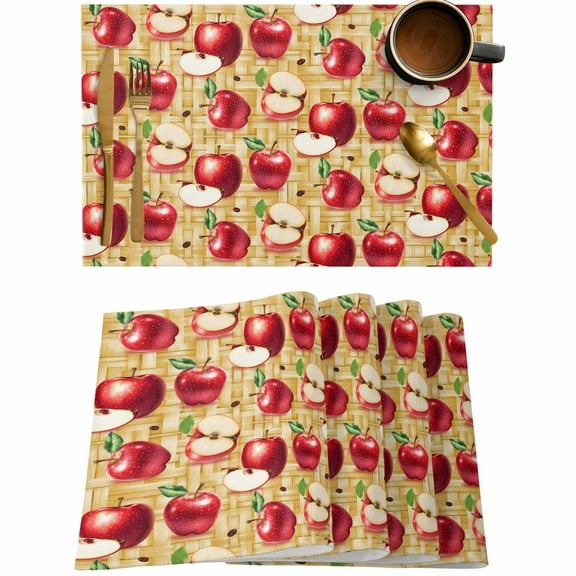 Red Apples Farm Fruit Placemats Set of 4,Wipeable Washable Table Mats for Dining Tables,Retro Weave Art Place Mats for Kitchen Event Party Tabletop Decor