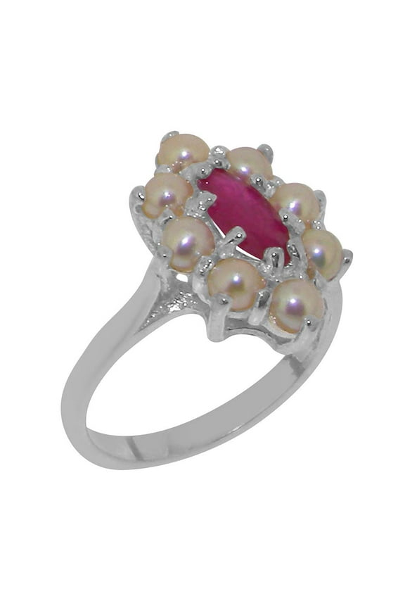 LBG British Made 925 Sterling Silver Natural Ruby & Cultured Pearl Womens Anniversary Ring - 33 size options - Size 9.25