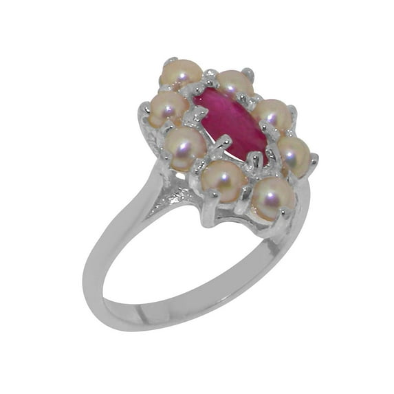 LBG British Made 10k White Gold Natural Ruby & Cultured Pearl Womens Anniversary Ring - 33 size options - Size 6.75
