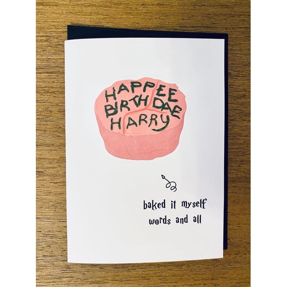 Funny Birthday Card for Harry - "HAPPEE BIRTH DAE" Cake Design - Blank Inside, Envelope Included - Perfect Humorous Greeting for Friends or Family