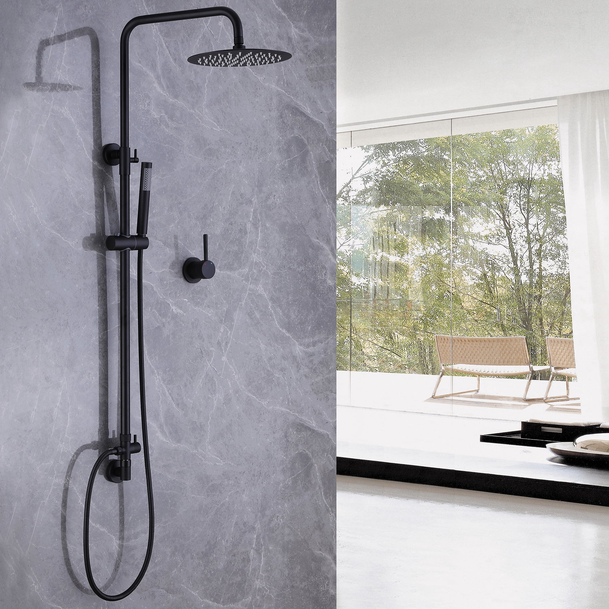 Brass Exposed Pipe Shower System, 10-inch Rainfall Shower Head with Handheld Shower Head with Rough-in Valve