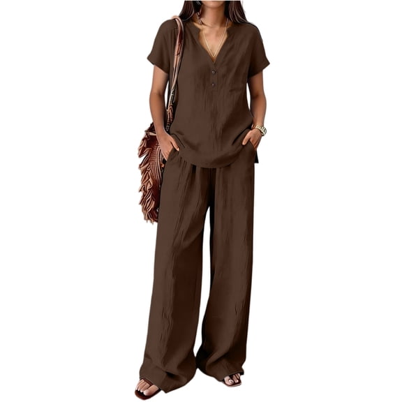 Resicozy Linen Short Sets for Women 2 Piece Outfits Short Sleeve Button V Neck Shirts and Wide Leg Pants Sets Vacation Clothes Brown 2XL