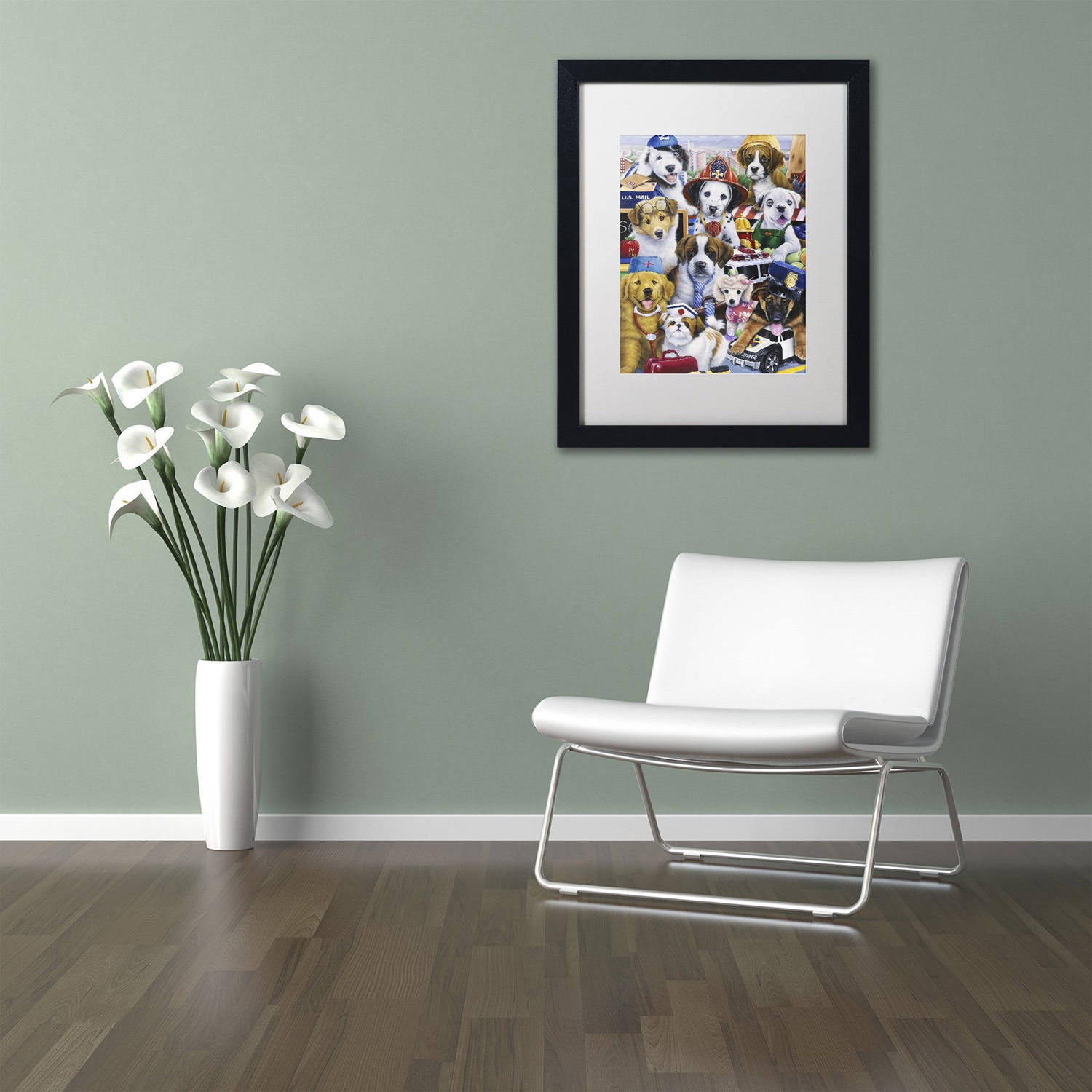Trademark Fine Art 'Working Puppies' Canvas Art by Jenny Newland, White Matte, Black Frame