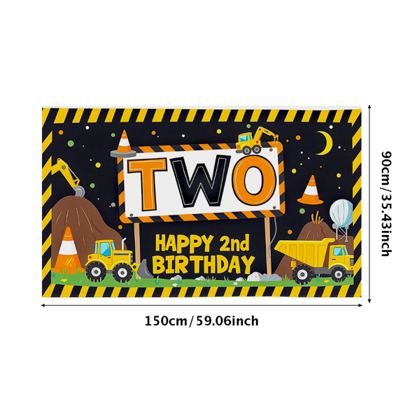 Construction Themed Two Year Old Happy Birthday Banner Backdrop Decor for Birthday Party Photography Props Background Party Decors
