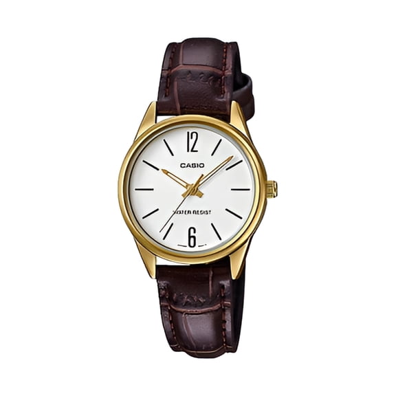 Casio Women's Gold Tone Analog Watch White Dial and Brown Leather Strap -