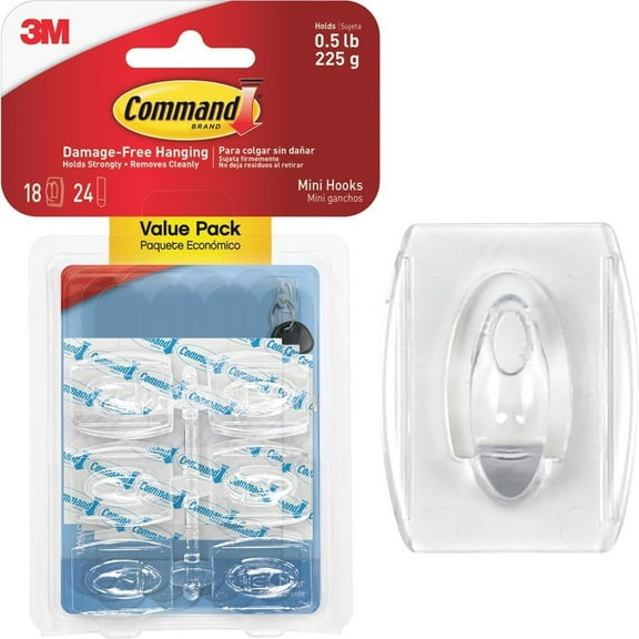 Command Clear Mini Hooks - Adhesive Plastic Wall Hooks, Easy Installation - 18 Count Pack