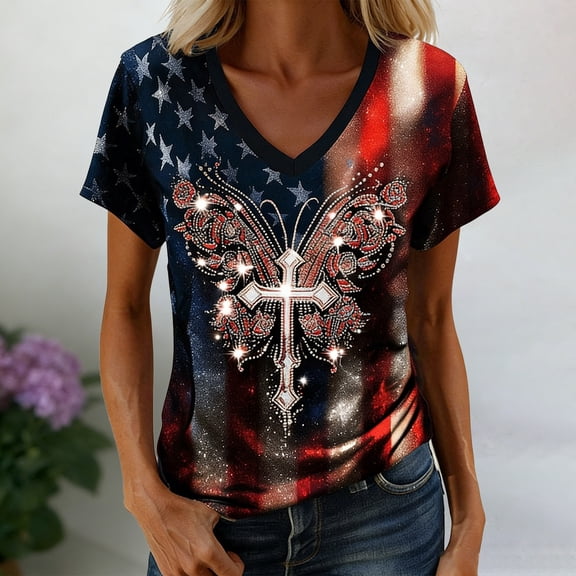 Fshinging T Shirts for Women Patriotic Short Sleeve V Neck Floral Print 4th of July Fashion Y2K Clothes 2026 Dark Blue L