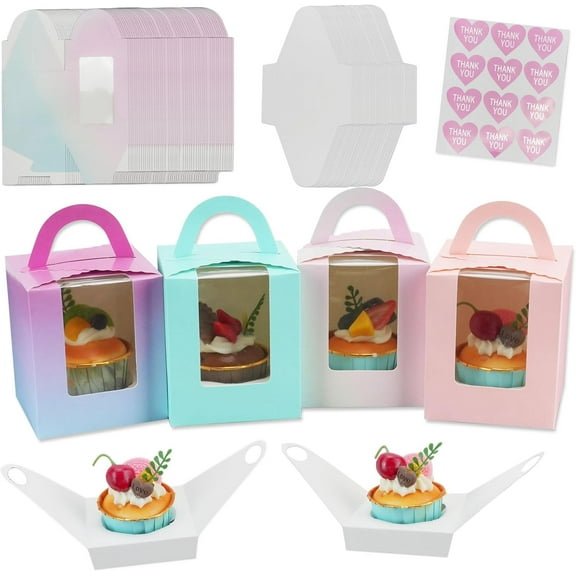 CEYAZYE 20 Pcs Individual Cupcake Boxes with Love Stickers, Single Cup Cake Containers with Window, Handle and Inserts for Wedding, Birthday, Parties(4 Colors)