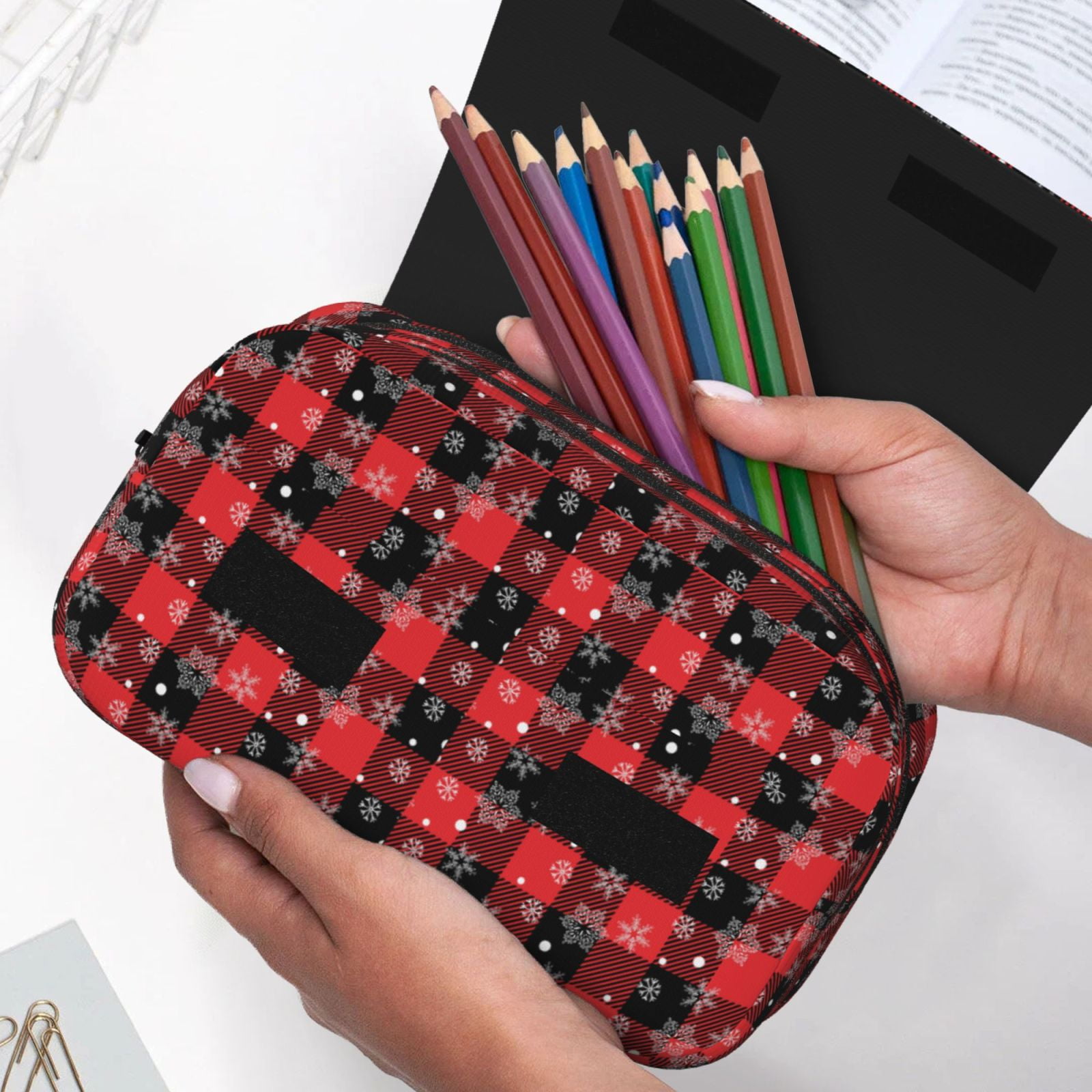 Rateoe Christmas With Snowflakes Pattern Double Clamshell Pen Case, Storage Organizer with Two Zipper Compartments– Holds Up to 50 Pencils & Pens