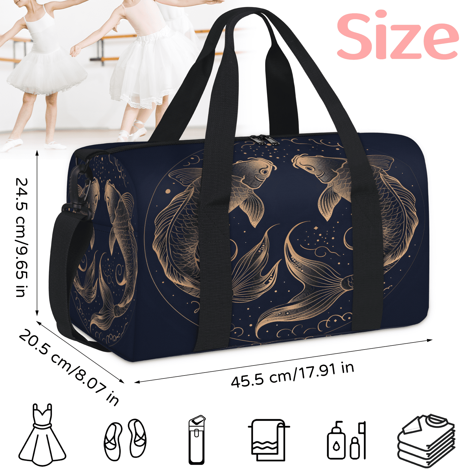 Herdesigns Zodiac Travel Duffle Bag Sports Yoga Weekender Overnight Carry on Workout Bags Lightweight Waterproof Gym Tote Bag for Women Pisces Vintage Fish