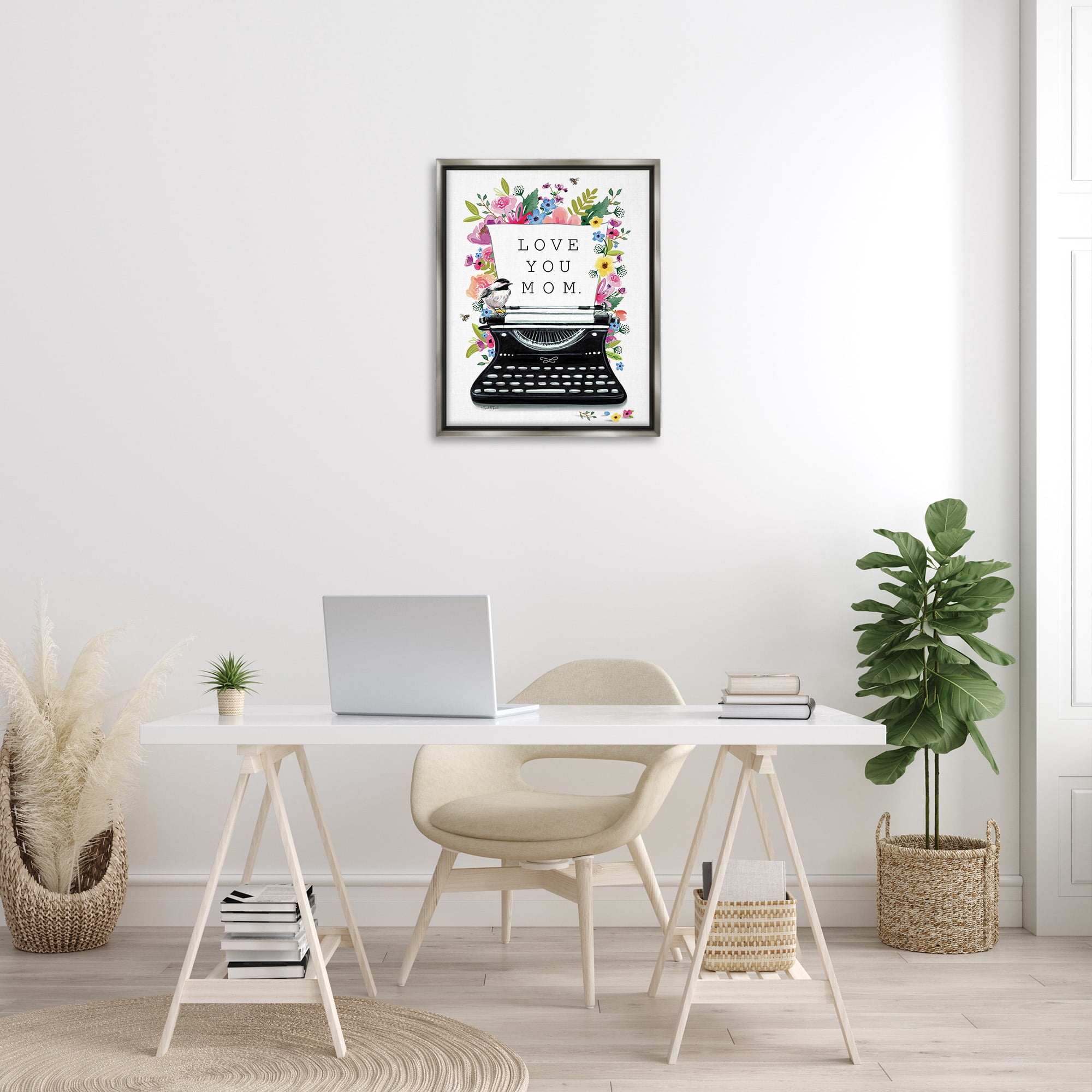 Stupell Industries Love You Mom Typewriter Botanical & Floral Painting Gray Floater Framed Canvas Art Print Wall Art, 25 x 31