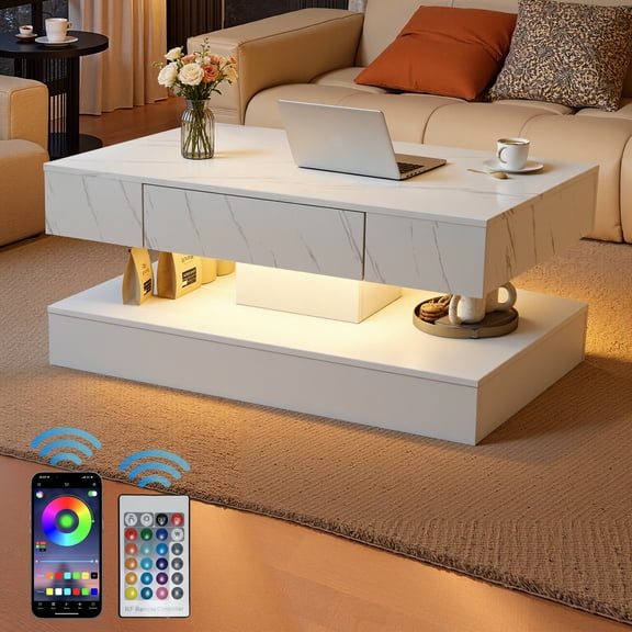 UHOMEPRO White LED Coffee Table with Storage Drawers, 39" Modern High Gloss Center Table with RGB LED Lights, 2-Tier Rectangle Design with Marbling Print for Living Room, White