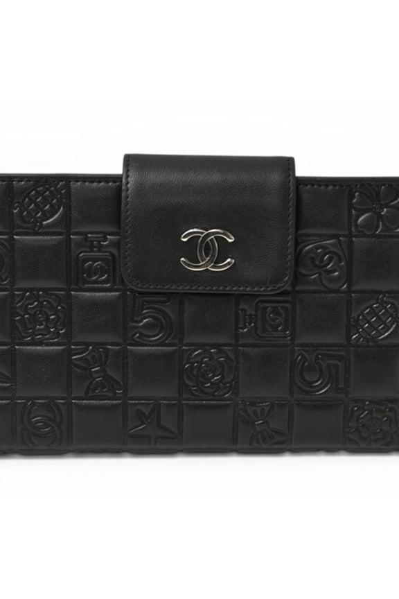 Pre-Owned Chanel CHANEL Long Wallet Lambskin Icon Black