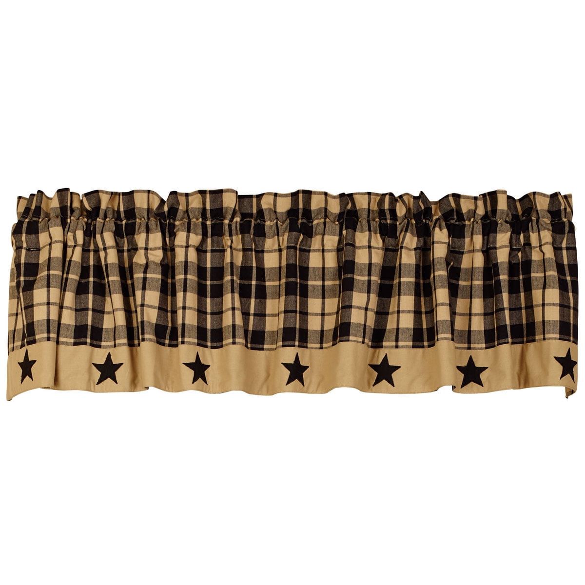 Valance 72 inch Black Tan Plaid with Applique Stars Primitive Curtain 