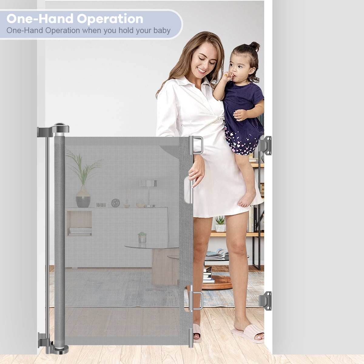 HDJ 71in Retractable Baby Gate,34in Tall Mesh Baby Safety Gate for Stairs,Metal Auto-Lock Dog Gate,Extra Wide,Grey