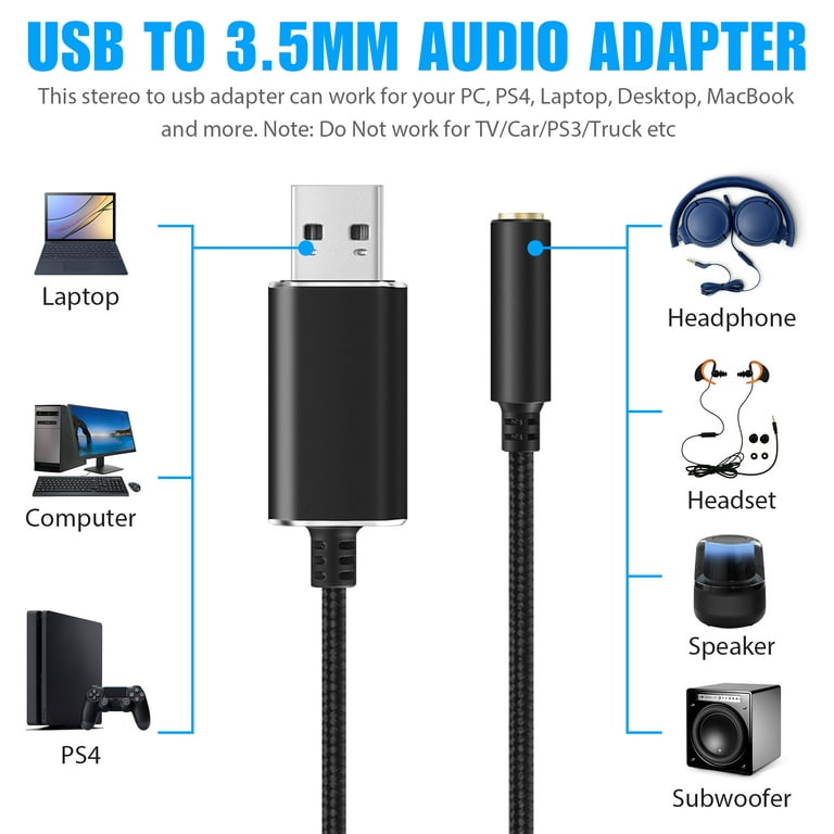 ale Rede Afstem USB to 3.5mm Jack Audio Adapter, TSV USB to Audio Jack Adapter Headset, USB  to 3.5mm TRRS 4-Pole Female, External Stereo Sound Card, Fit for Headphone,  Mac, PS4, PC, Laptop, Desktops (Black,