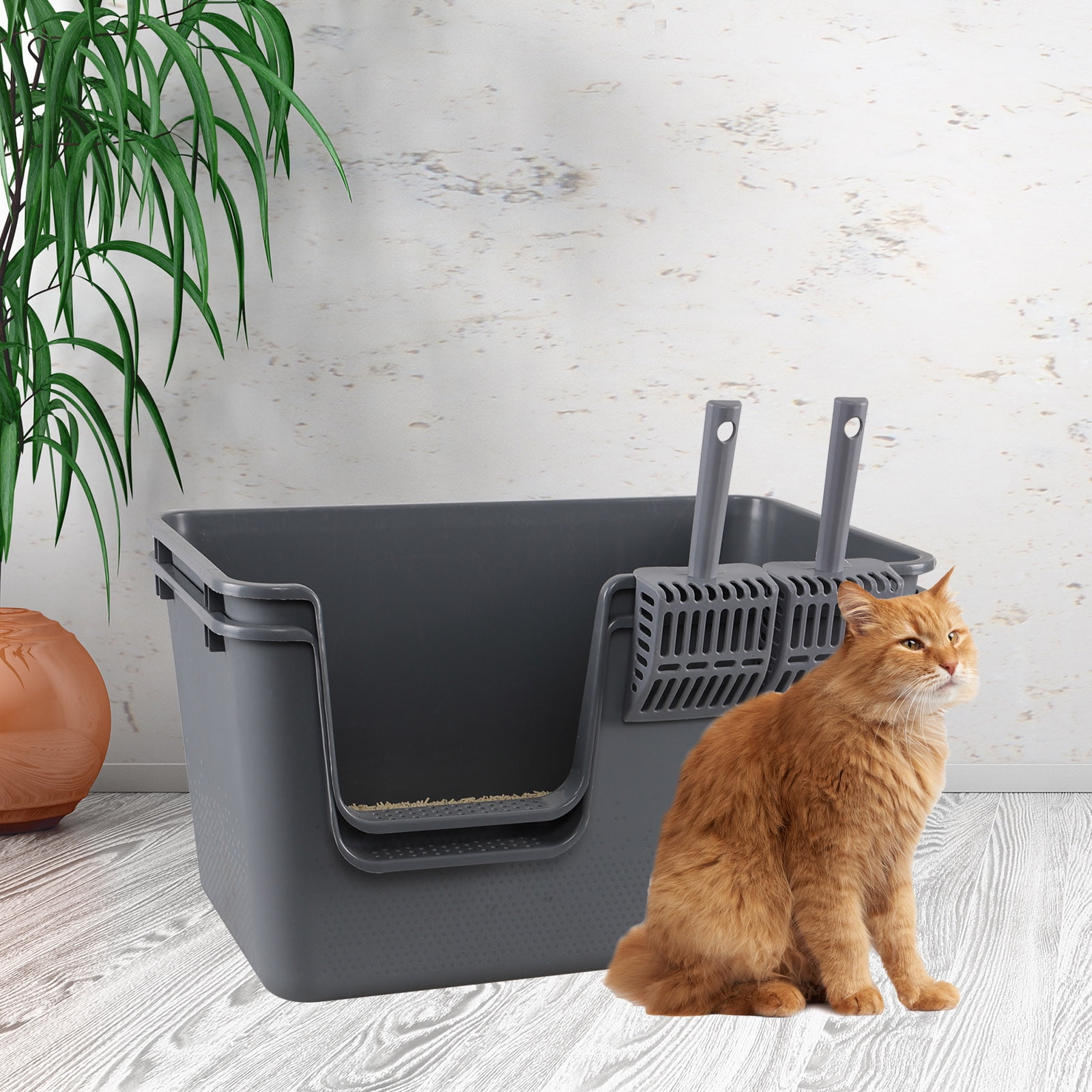 Ionoloy 2 Pack High Side Plastic Cat Litter Basin, Extra Large Litter Box with Scoop, Grey