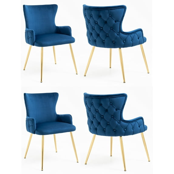 Set of 4 Wingback Upholstered Dining Chairs with Metal Legs, Velvet Fabric Side Dining Room Chairs with Tufted Button, Living Room Chairs Home Kitchen Dining Room (Blue + Gold Leg)