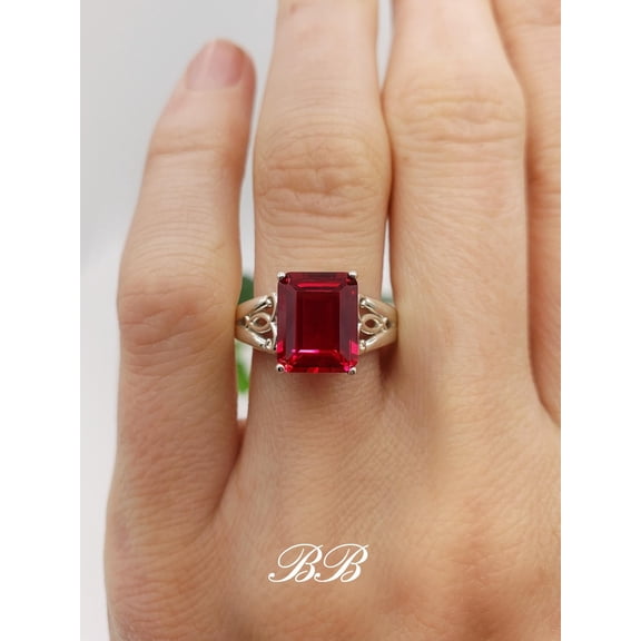 9x7mm Lab Ruby Emerald Step Cut, Trellis Three Stone Ring, Sterling Silver or Gold, Made to Order, Jewelry Gift