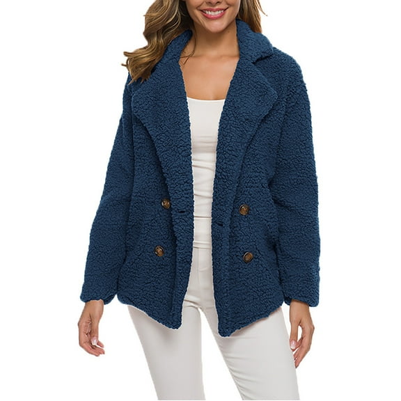 WNEGSTG Women Fleece Coat 2023 Winter Fashion Lapel Collar Single Breated Jacket Casual Solid Fluffy Outerwear Faux Coat