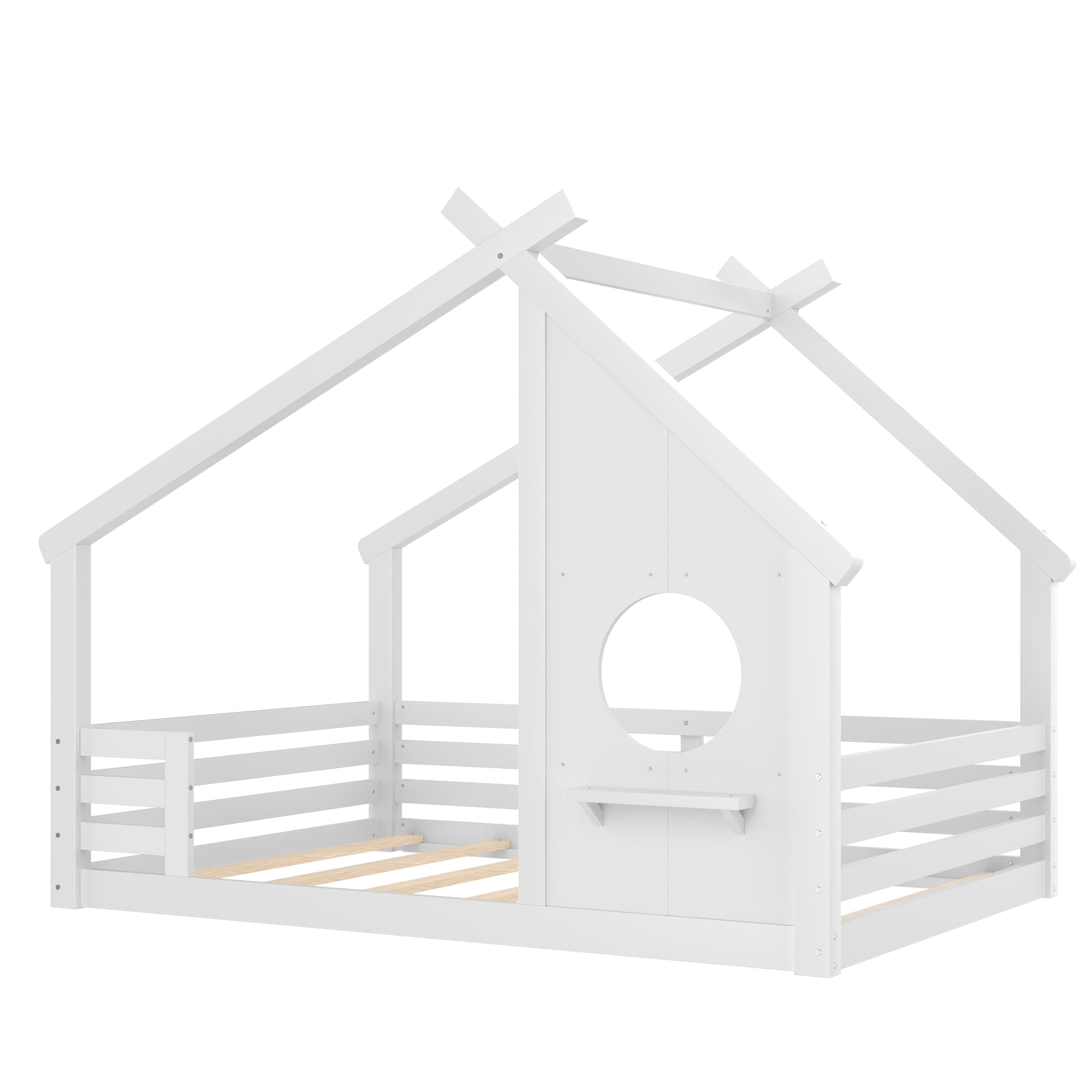 Jopath Full Size House Floor Bed with Window and a Small Shelf, Solid Wood Floor Bed with House-shaped Roof for Boys Girls White